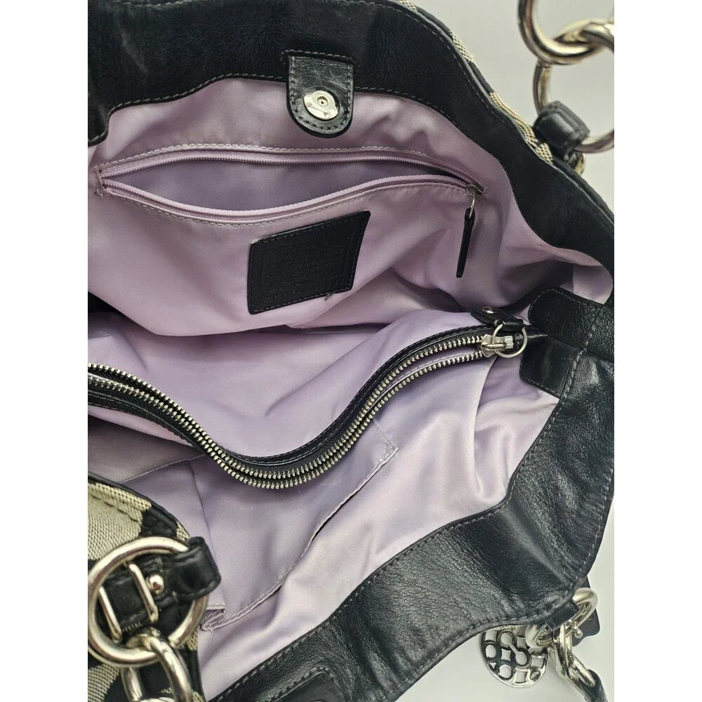 Coach Signature Black Gray Logo Shoulder Bag w/ Silver Hardware Purple Interior